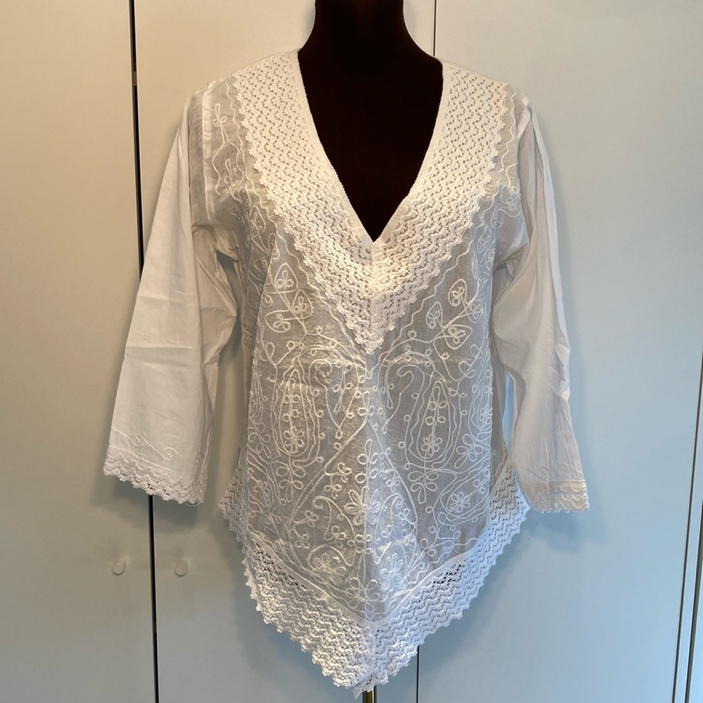Karmic connection bohemian blouse lace embroidery white L